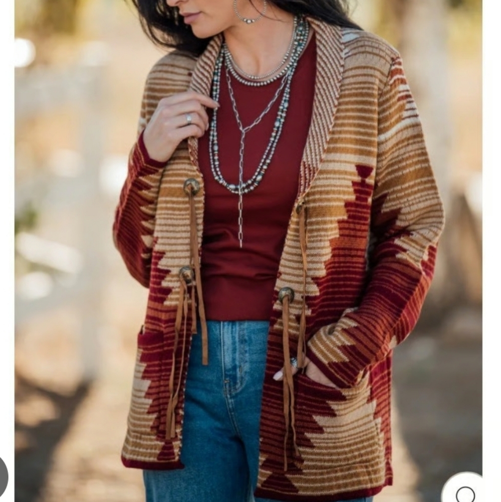 Cotton Rye Southwestern Aztec Cardigan - Red and Brown